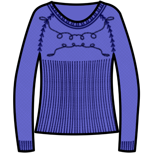a blue jersey or embroidered sweater.